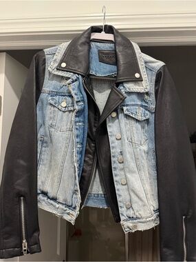 Blank NYC Two-Tone Denim and Leather Bomber Jacket - Light Blue & Black